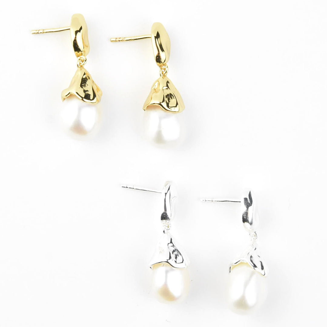 Sculptural Pearl Drop Earrings in Sterling Silver - Goldmakers Fine Jewelry