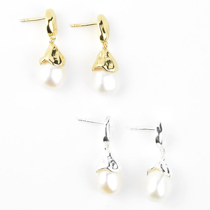 Sculptural Pearl Drop Earrings in Sterling Silver - Goldmakers Fine Jewelry