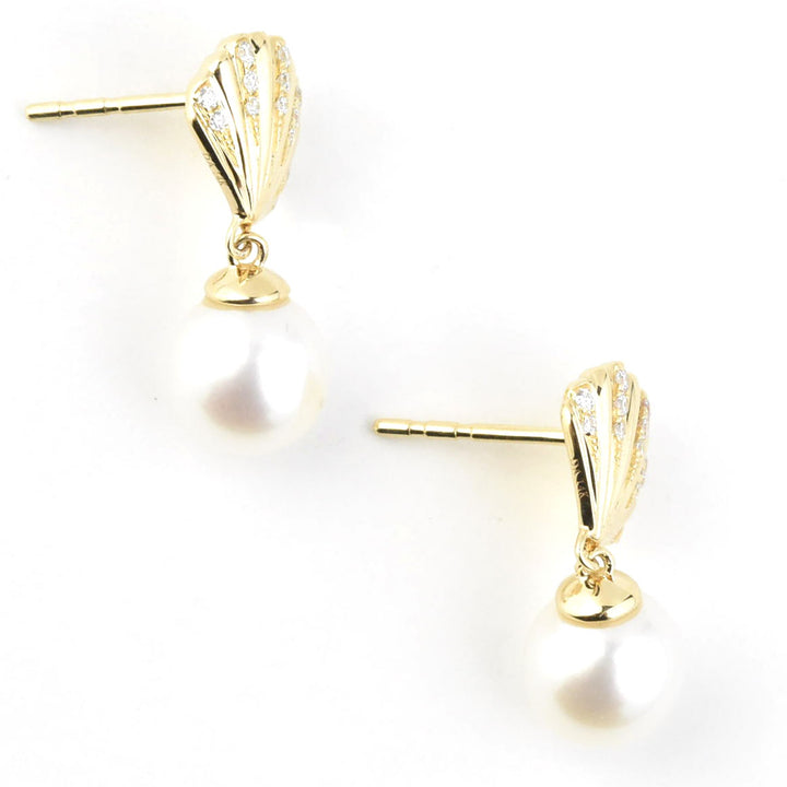 14k Yellow Gold Diamond Seashell & Pearl Earrings