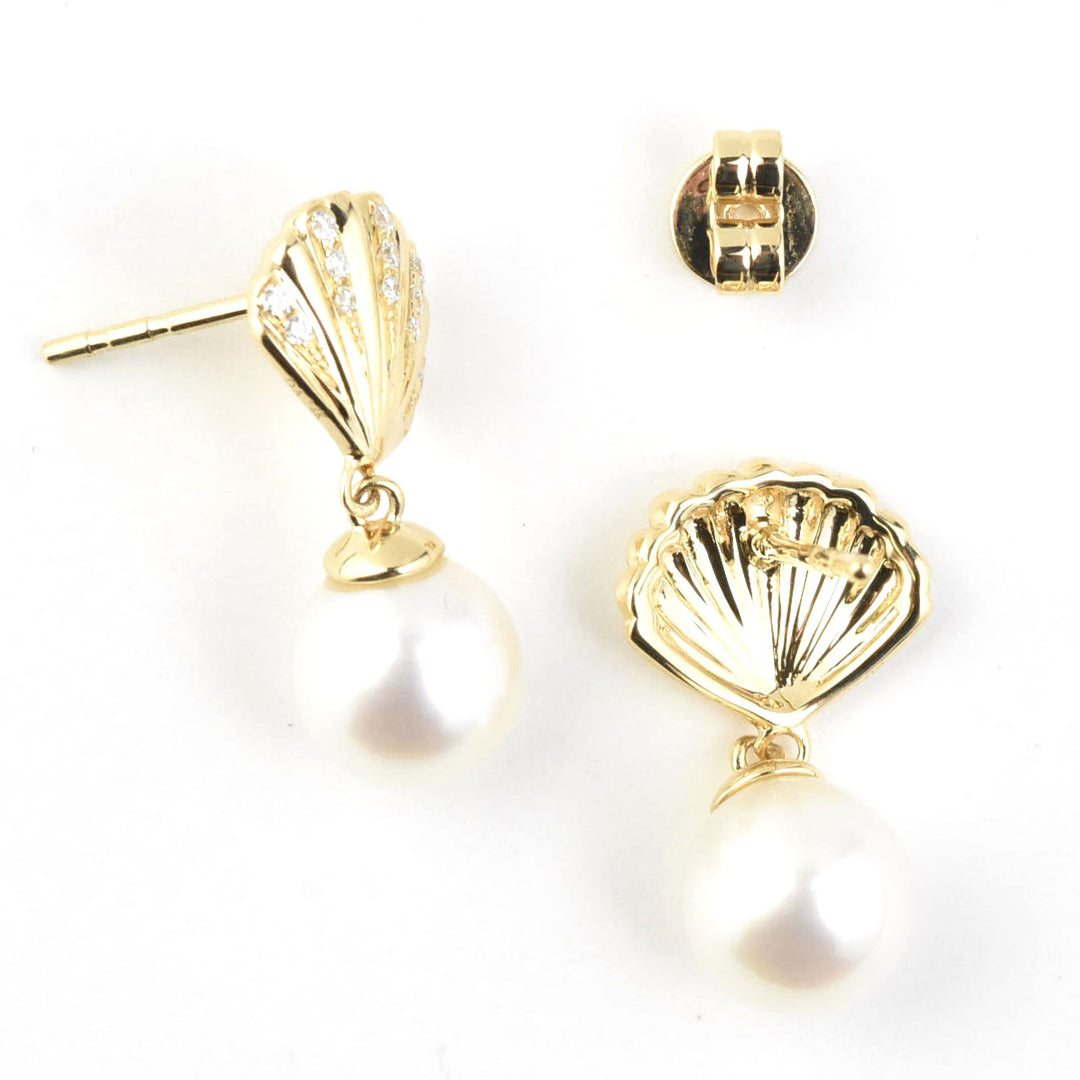 14k Yellow Gold Diamond Seashell & Pearl Earrings