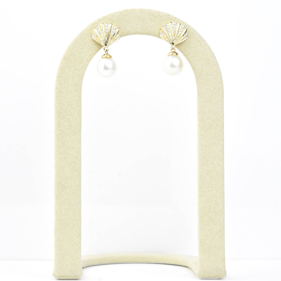 14k Yellow Gold Diamond Seashell & Pearl Earrings