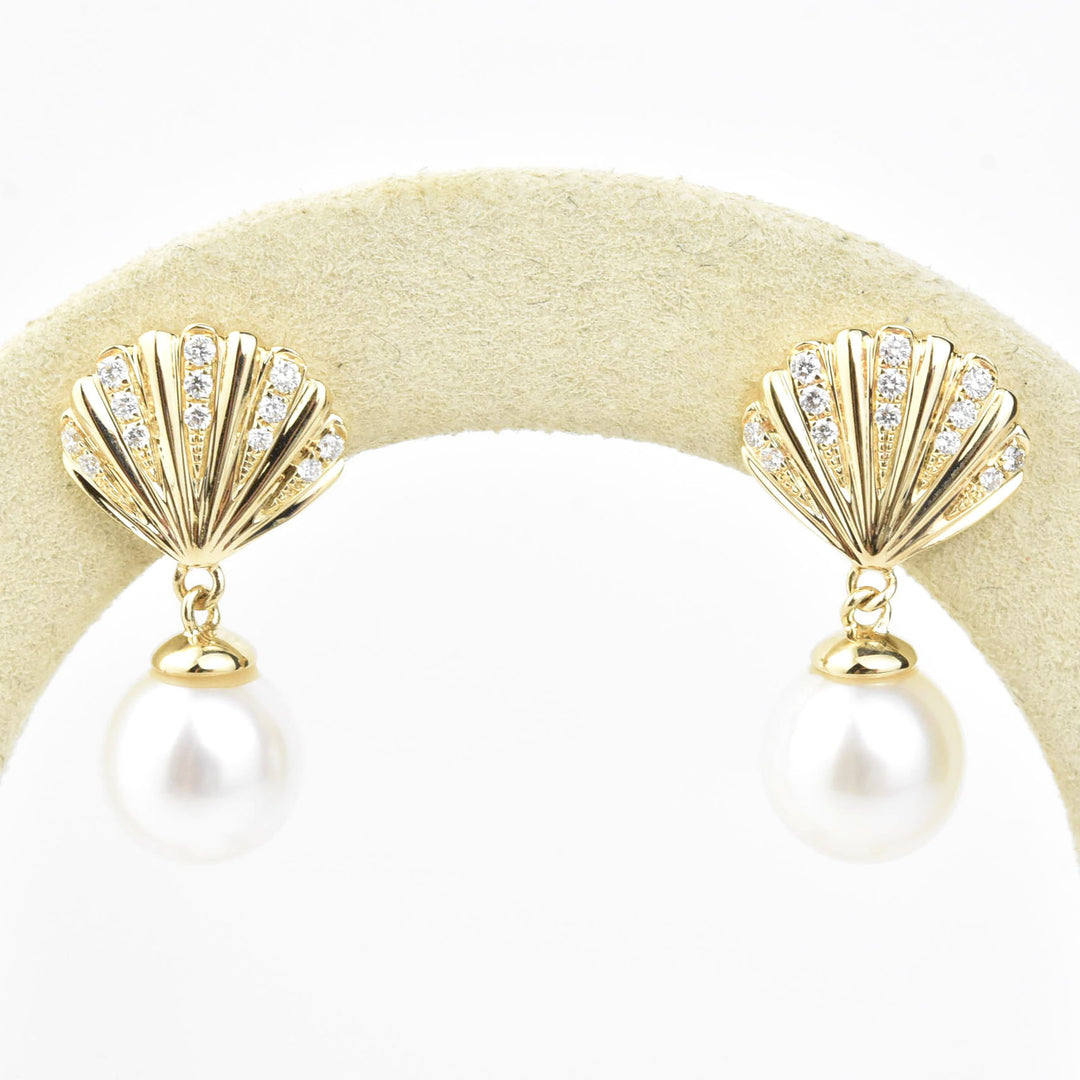 14k Yellow Gold Diamond Seashell & Pearl Earrings