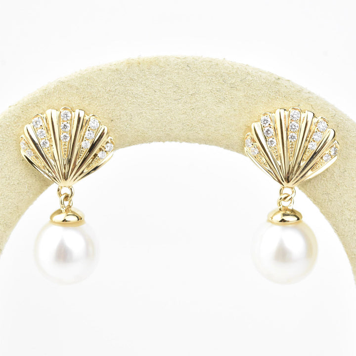 14k Yellow Gold Diamond Seashell & Pearl Earrings