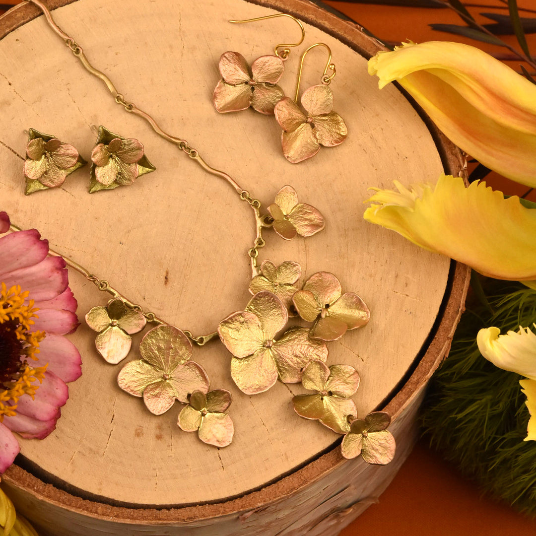 Hydrangea Petals on Leaf Post Earrings - Goldmakers Fine Jewelry