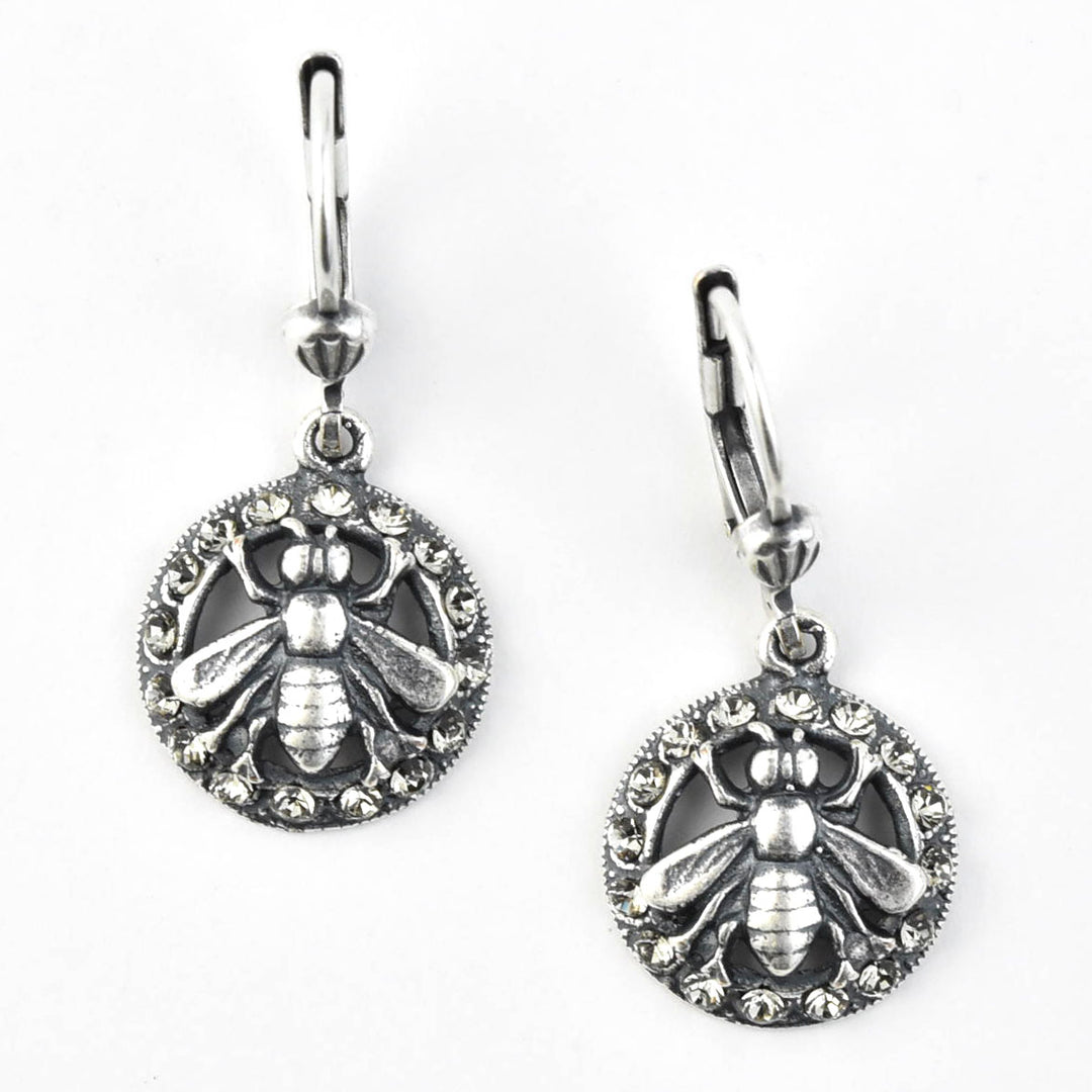 Silver Tone Crystal Halo Bee Earrings