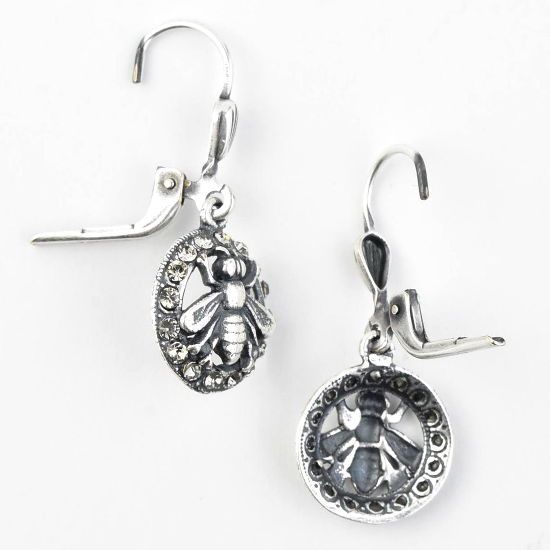 Silver Tone Crystal Halo Bee Earrings