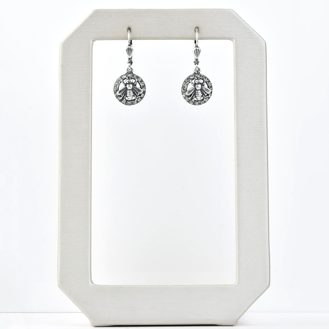 Silver Tone Crystal Halo Bee Earrings