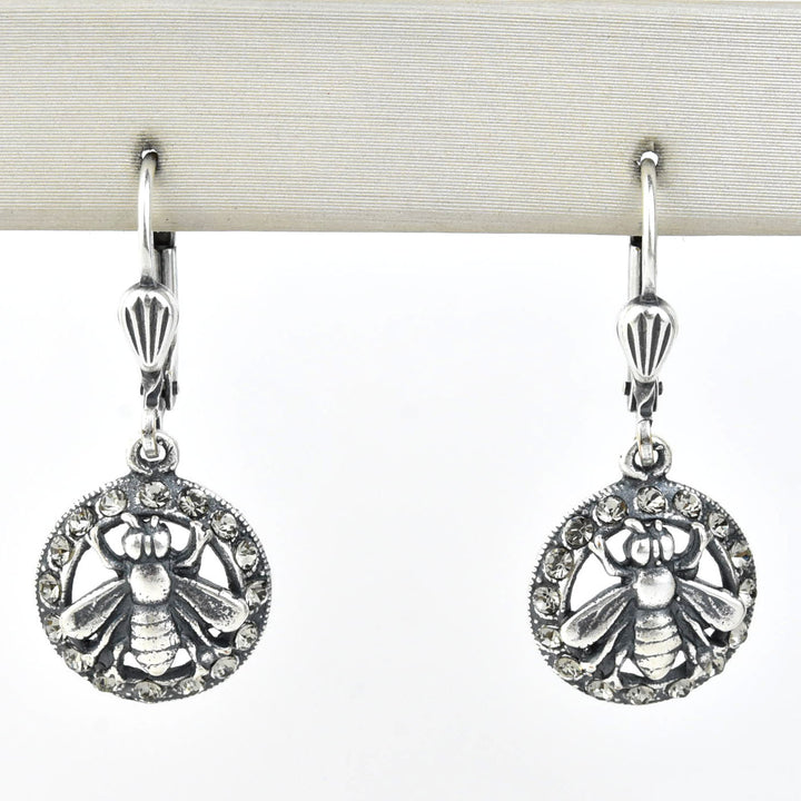 Silver Tone Crystal Halo Bee Earrings