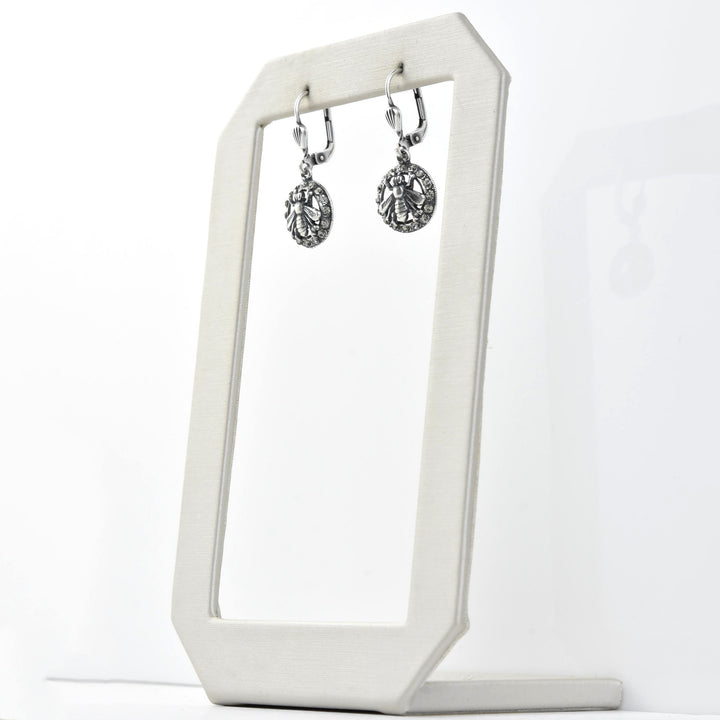 Silver Tone Crystal Halo Bee Earrings