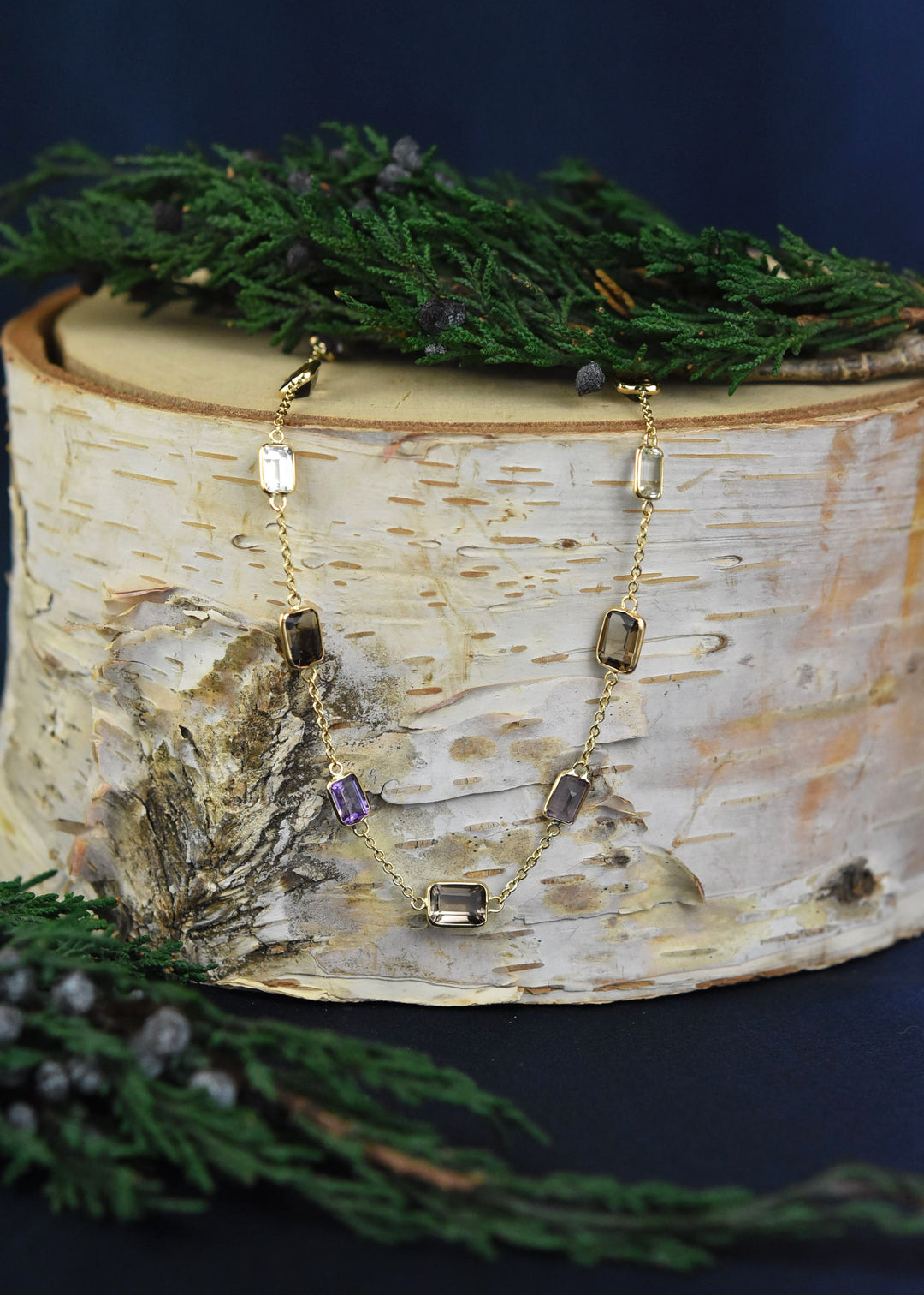 Smokey Quartz Station Necklace in 14k Yellow Gold