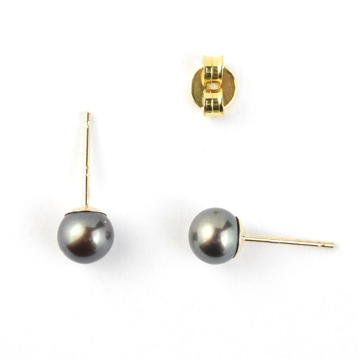 Teal Black Pearl Studs in 14k Yellow Gold No. 1