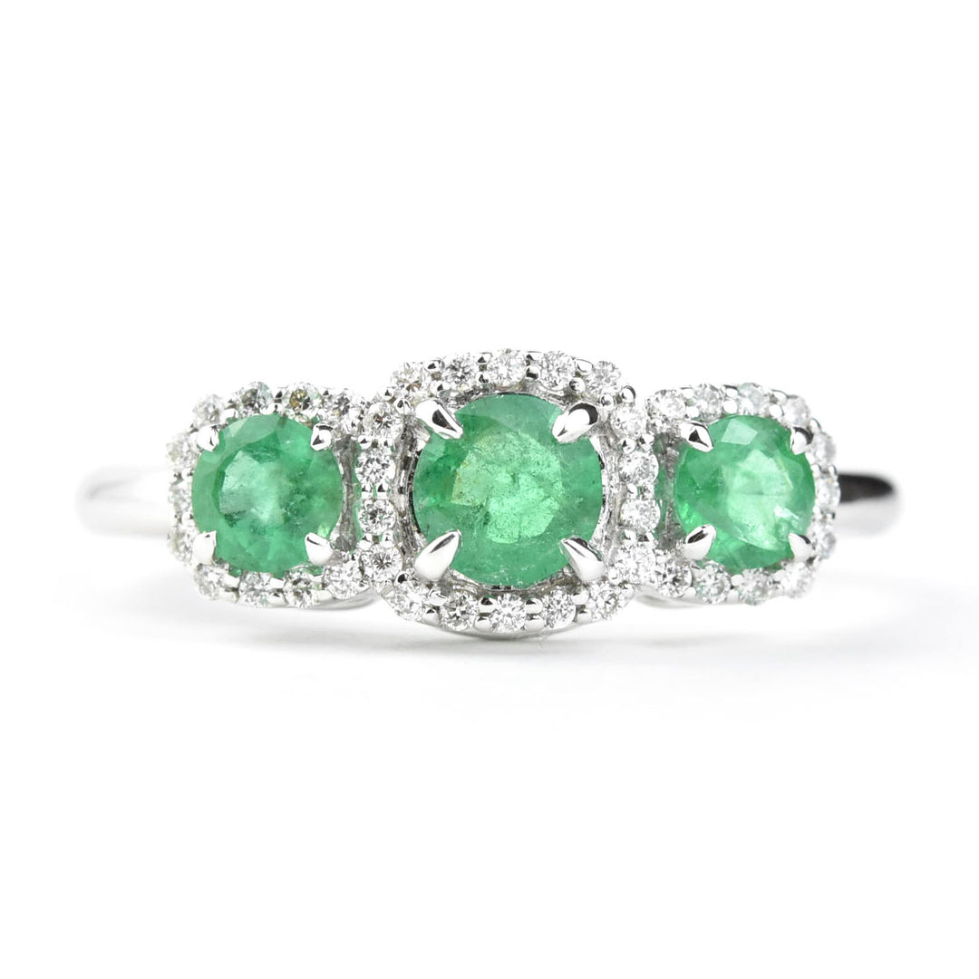Triple Emerald Diamond Halo Ring in 14k White Gold