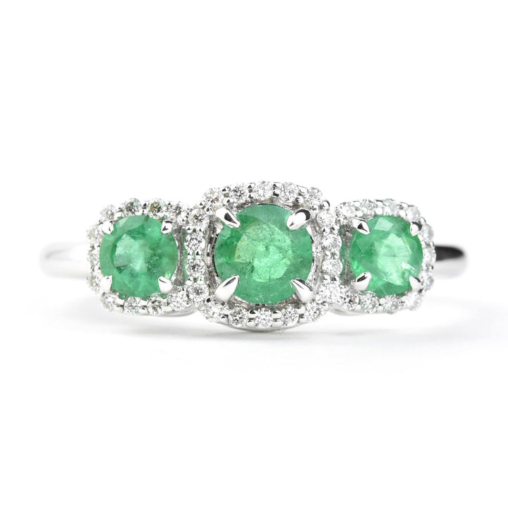 Triple Emerald Diamond Halo Ring in 14k White Gold