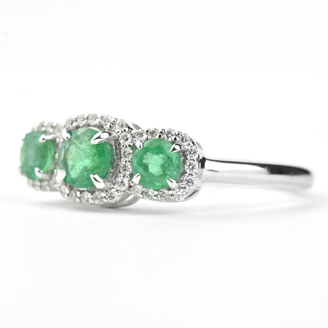 Triple Emerald Diamond Halo Ring in 14k White Gold