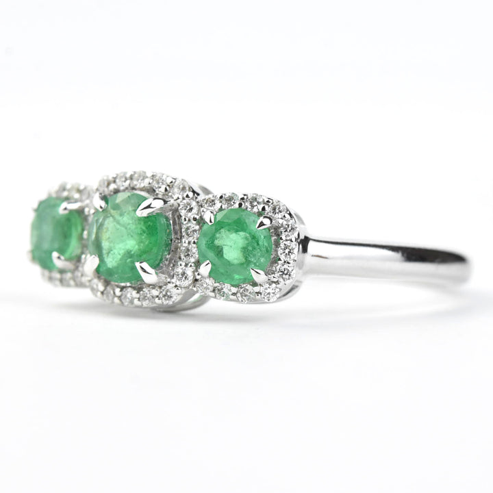 Triple Emerald Diamond Halo Ring in 14k White Gold