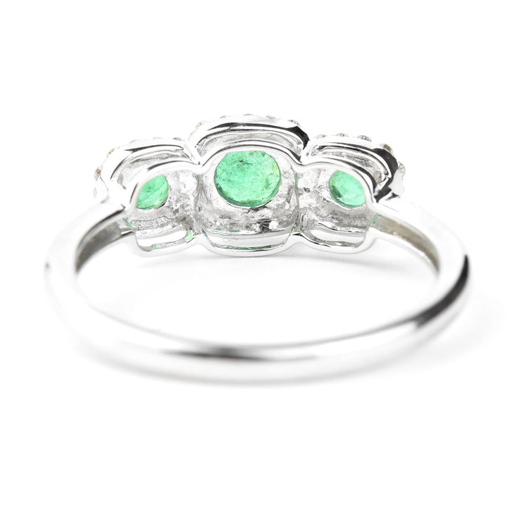Triple Emerald Diamond Halo Ring in 14k White Gold