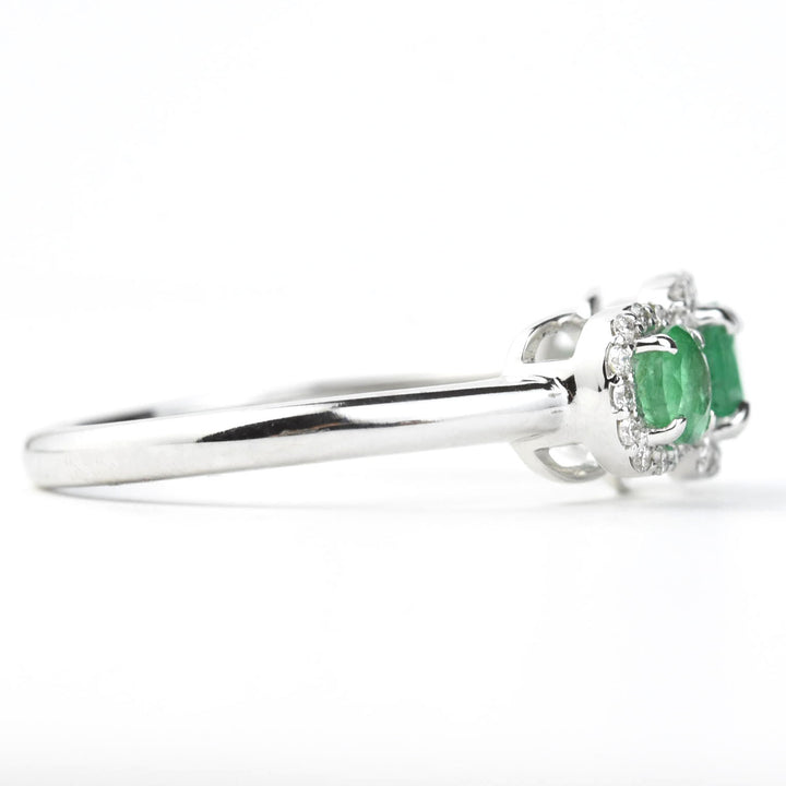Triple Emerald Diamond Halo Ring in 14k White Gold