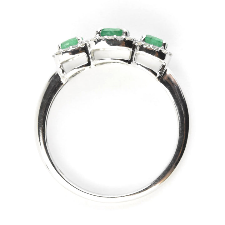 Triple Emerald Diamond Halo Ring in 14k White Gold