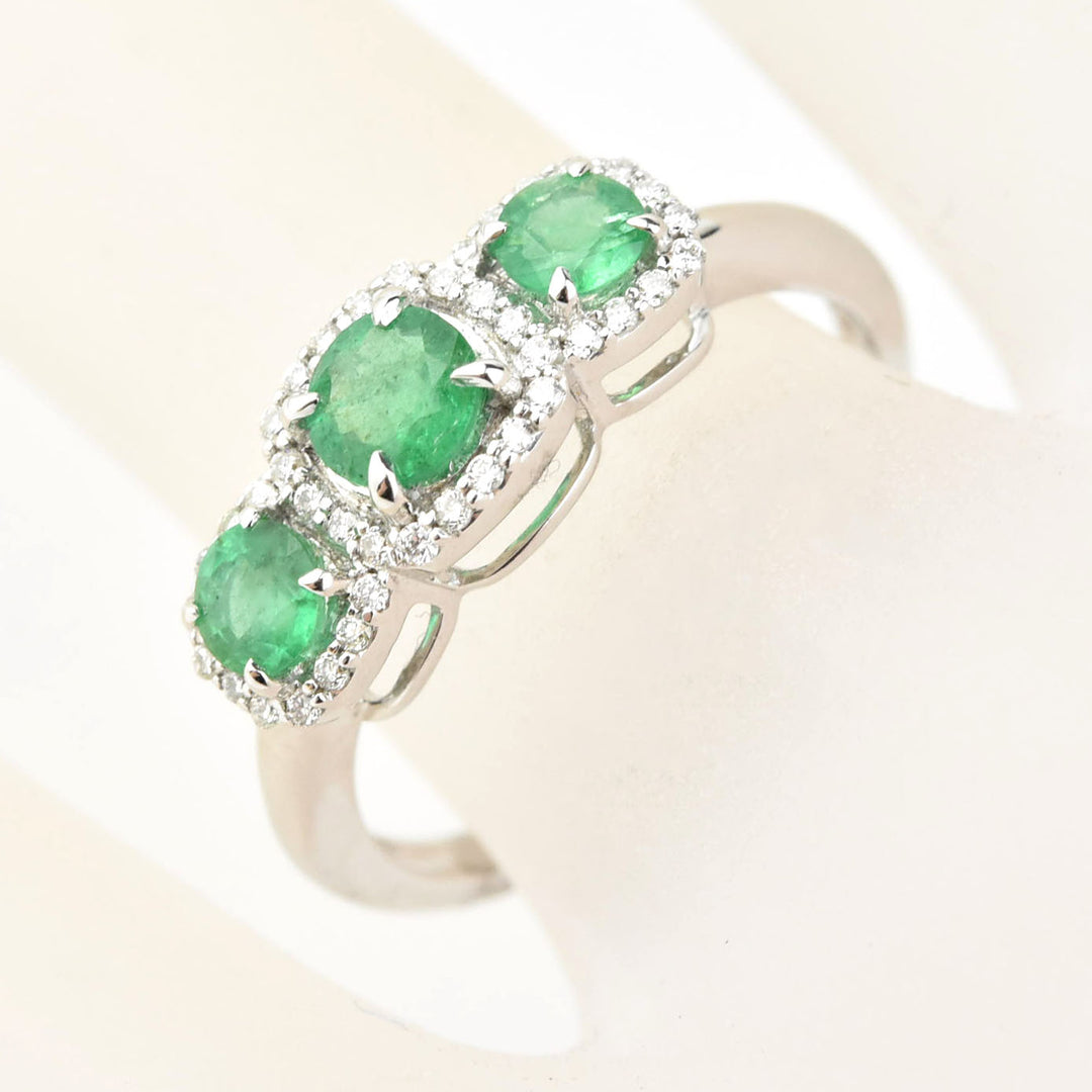 Triple Emerald Diamond Halo Ring in 14k White Gold