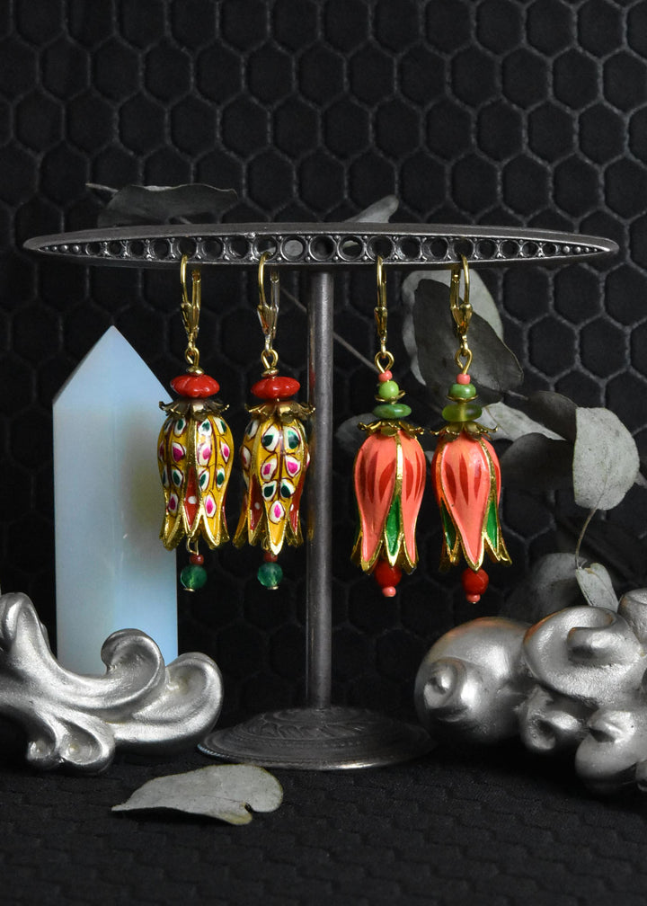 Hand-Painted Coral Tulip Earrings