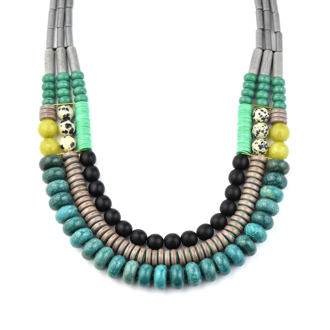 Turquoise, Jet and Mint Triple Strand Necklace - Goldmakers Fine Jewelry