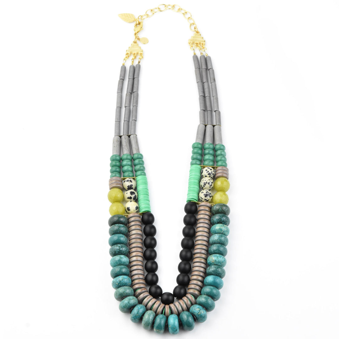 Turquoise, Jet and Mint Triple Strand Necklace - Goldmakers Fine Jewelry