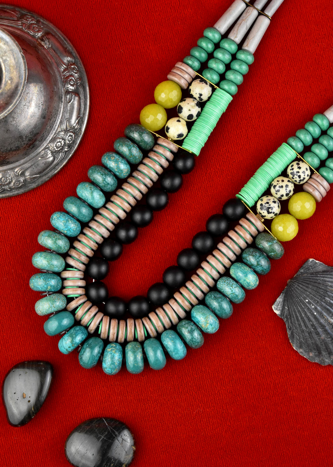 Turquoise, Jet and Mint Triple Strand Necklace - Goldmakers Fine Jewelry
