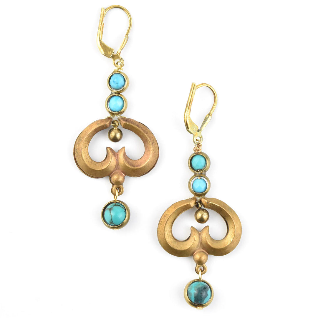 Turquoise and Brass Swirl Earrings