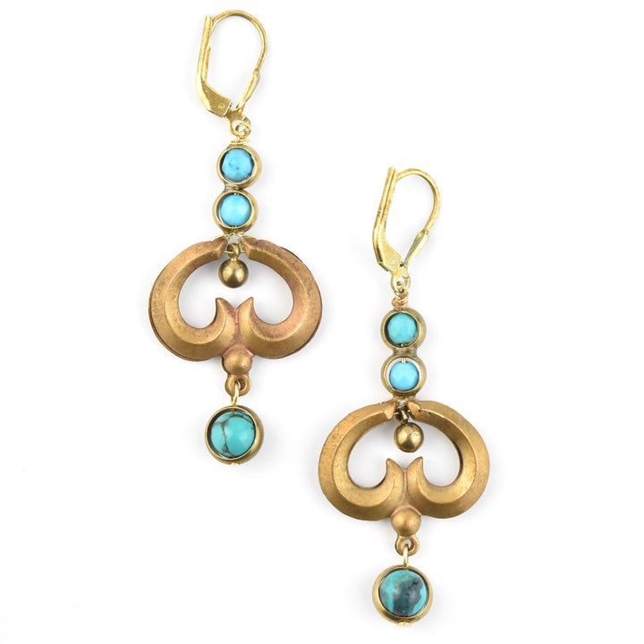 Turquoise and Brass Swirl Earrings
