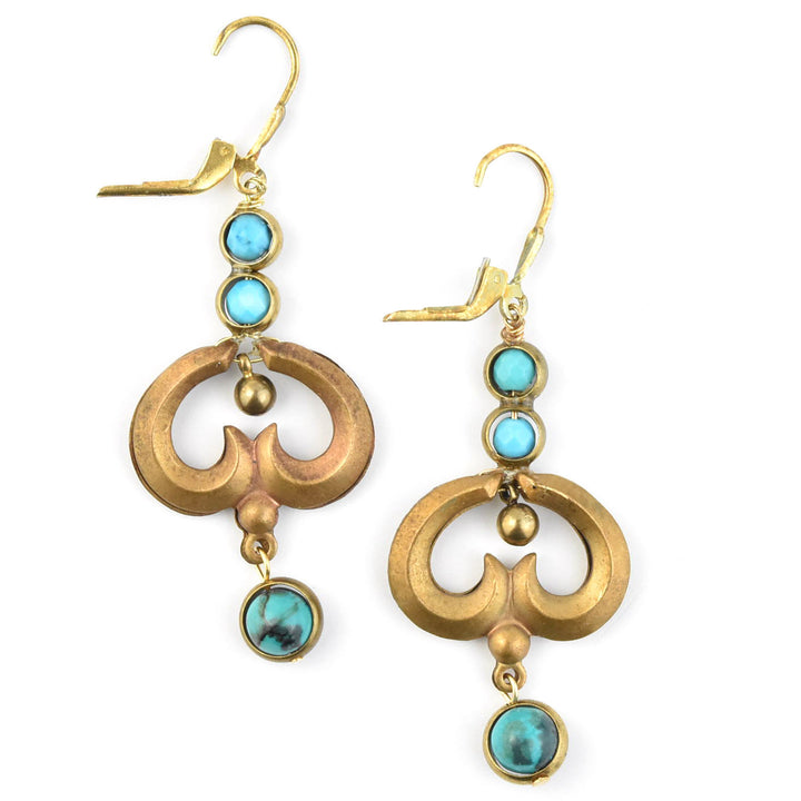 Turquoise and Brass Swirl Earrings