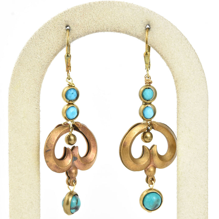 Turquoise and Brass Swirl Earrings
