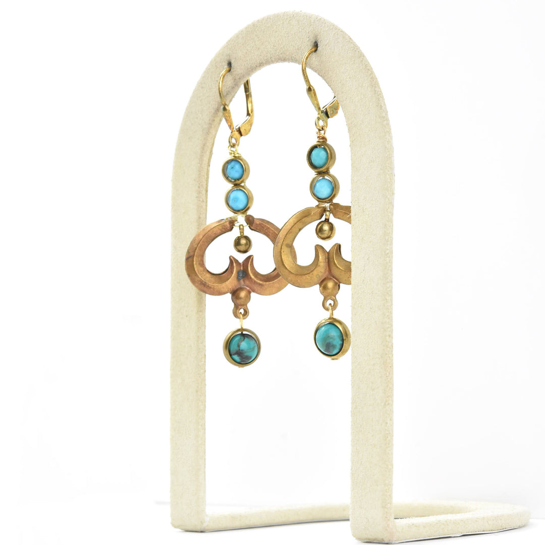 Turquoise and Brass Swirl Earrings