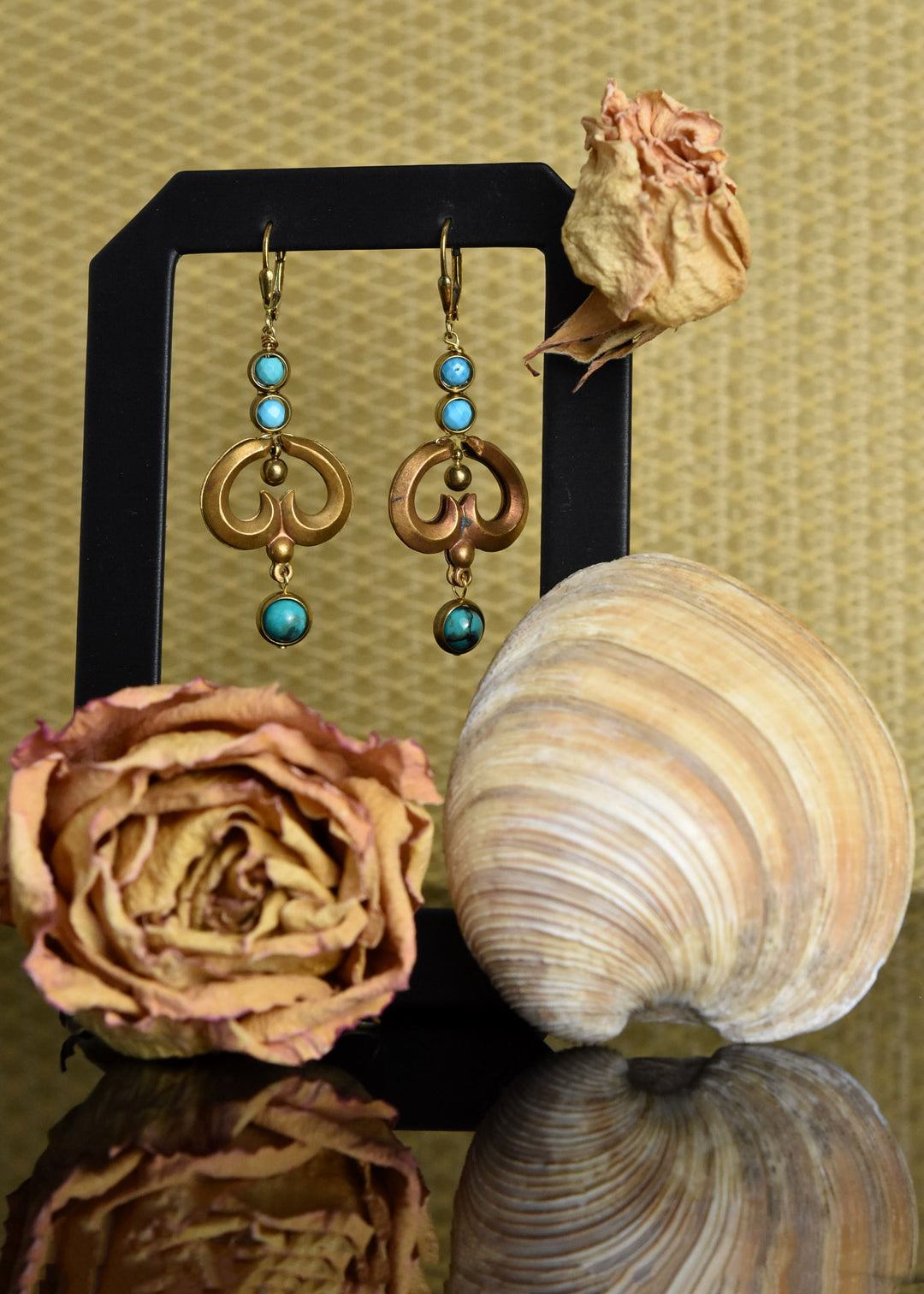 Turquoise and Brass Swirl Earrings