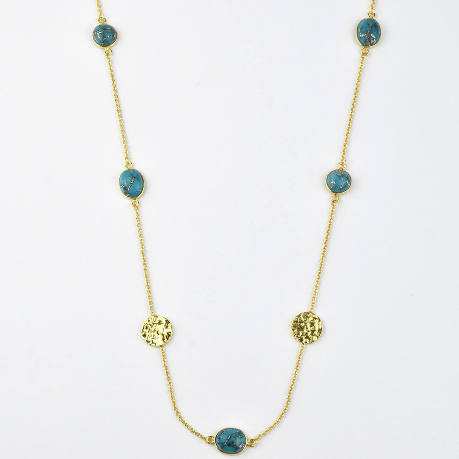 Turquoise Long Necklace w/ Hammered Discs - Goldmakers Fine Jewelry