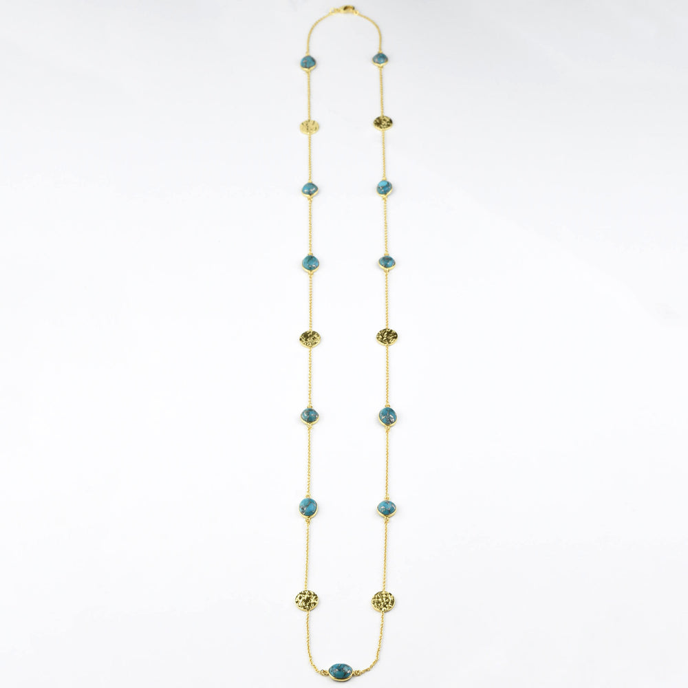 Turquoise Long Necklace w/ Hammered Discs - Goldmakers Fine Jewelry