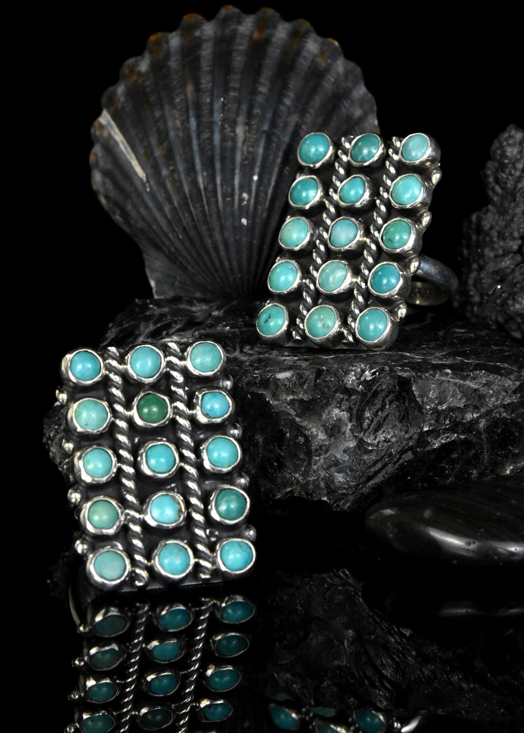 Turquoise Lattice Rings in Sterling Silver - Goldmakers Fine Jewelry