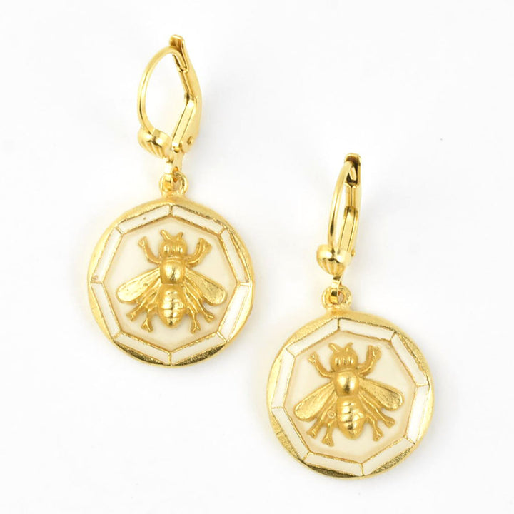 Enamel Bee Earrings in White - Goldmakers Fine Jewelry
