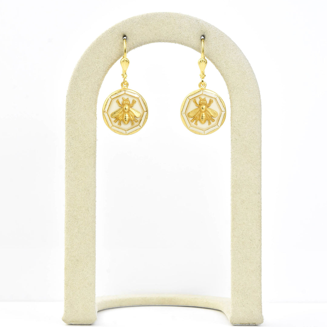 Enamel Bee Earrings in White - Goldmakers Fine Jewelry