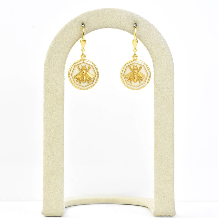 Enamel Bee Earrings in White - Goldmakers Fine Jewelry