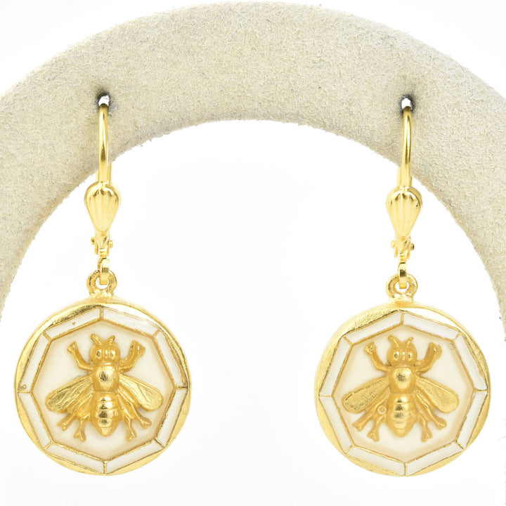 Enamel Bee Earrings in White - Goldmakers Fine Jewelry