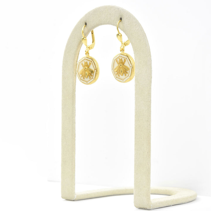 Enamel Bee Earrings in White - Goldmakers Fine Jewelry