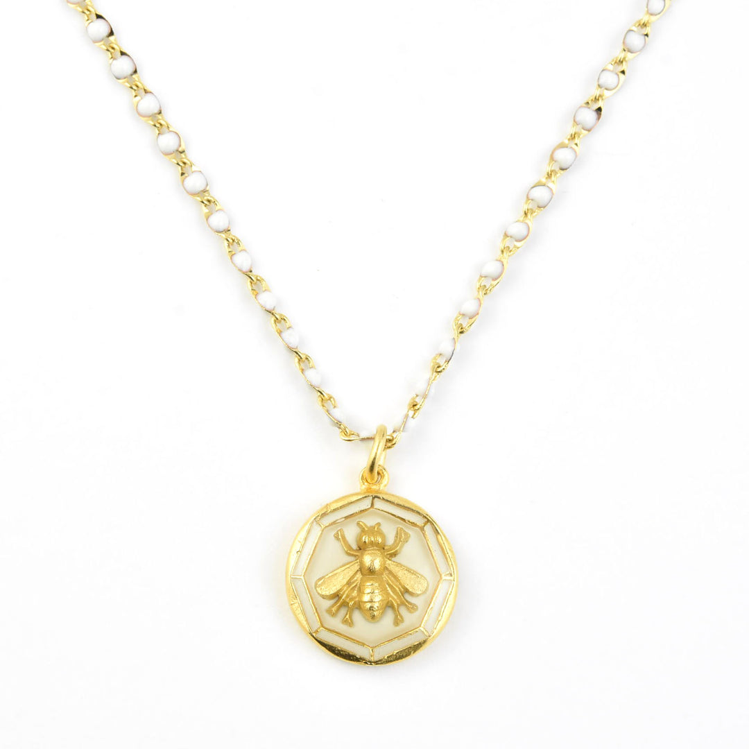 White Enamel Bee Necklace w/ Beaded Chain - Goldmakers Fine Jewelry