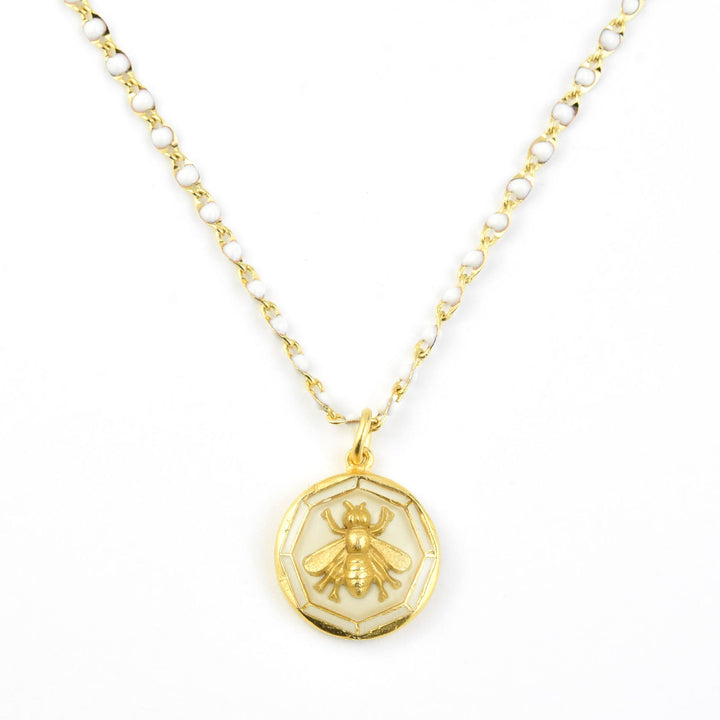 White Enamel Bee Necklace w/ Beaded Chain - Goldmakers Fine Jewelry