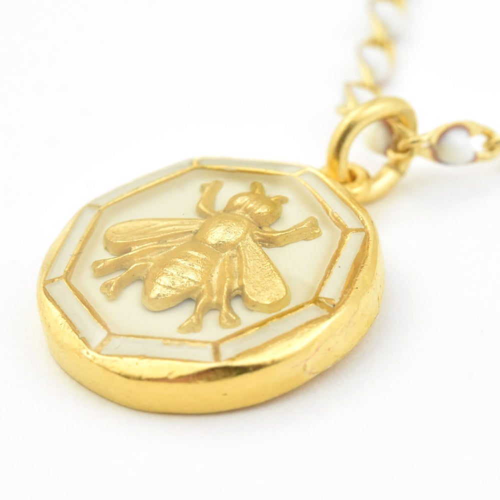 White Enamel Bee Necklace w/ Beaded Chain - Goldmakers Fine Jewelry