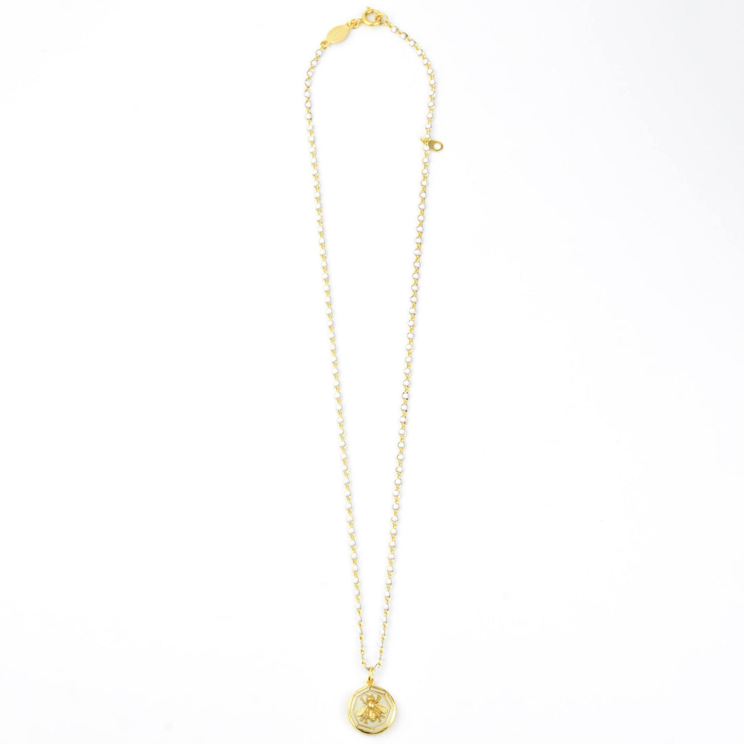 White Enamel Bee Necklace w/ Beaded Chain - Goldmakers Fine Jewelry