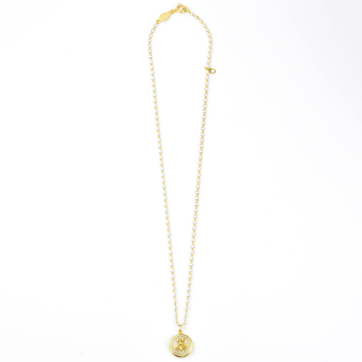 White Enamel Bee Necklace w/ Beaded Chain - Goldmakers Fine Jewelry