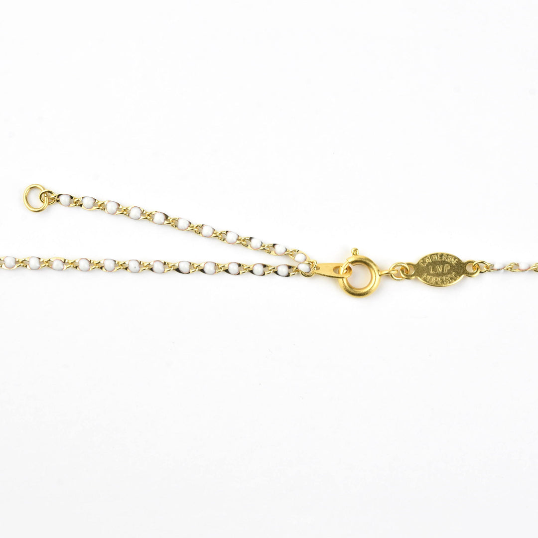 White Enamel Bee Necklace w/ Beaded Chain - Goldmakers Fine Jewelry