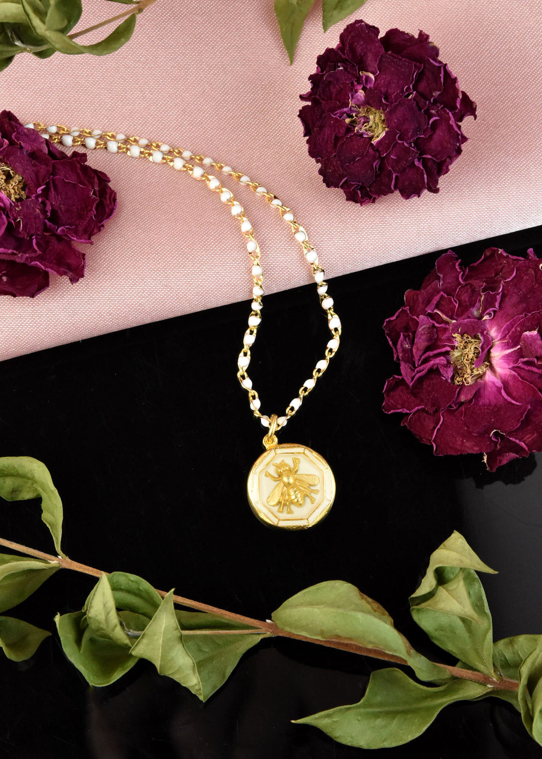 White Enamel Bee Necklace w/ Beaded Chain - Goldmakers Fine Jewelry