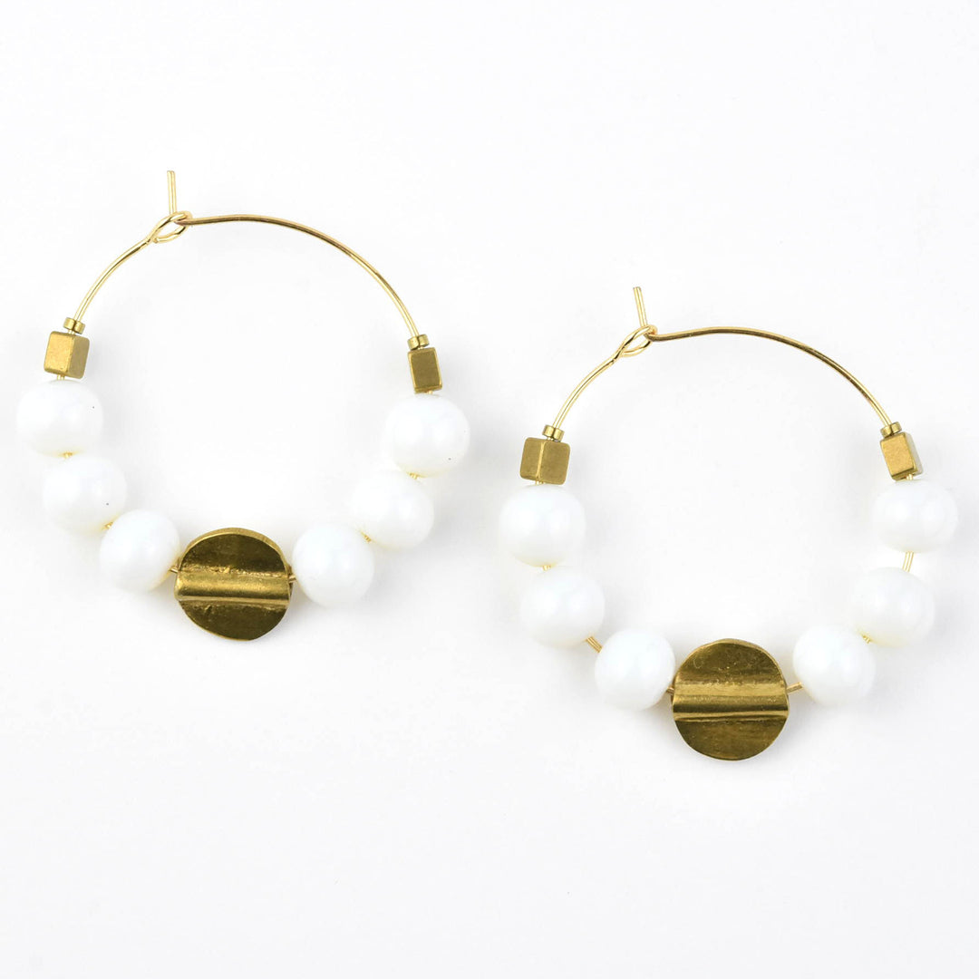 White Opal Glass Bead Hoops - Goldmakers Fine Jewelry