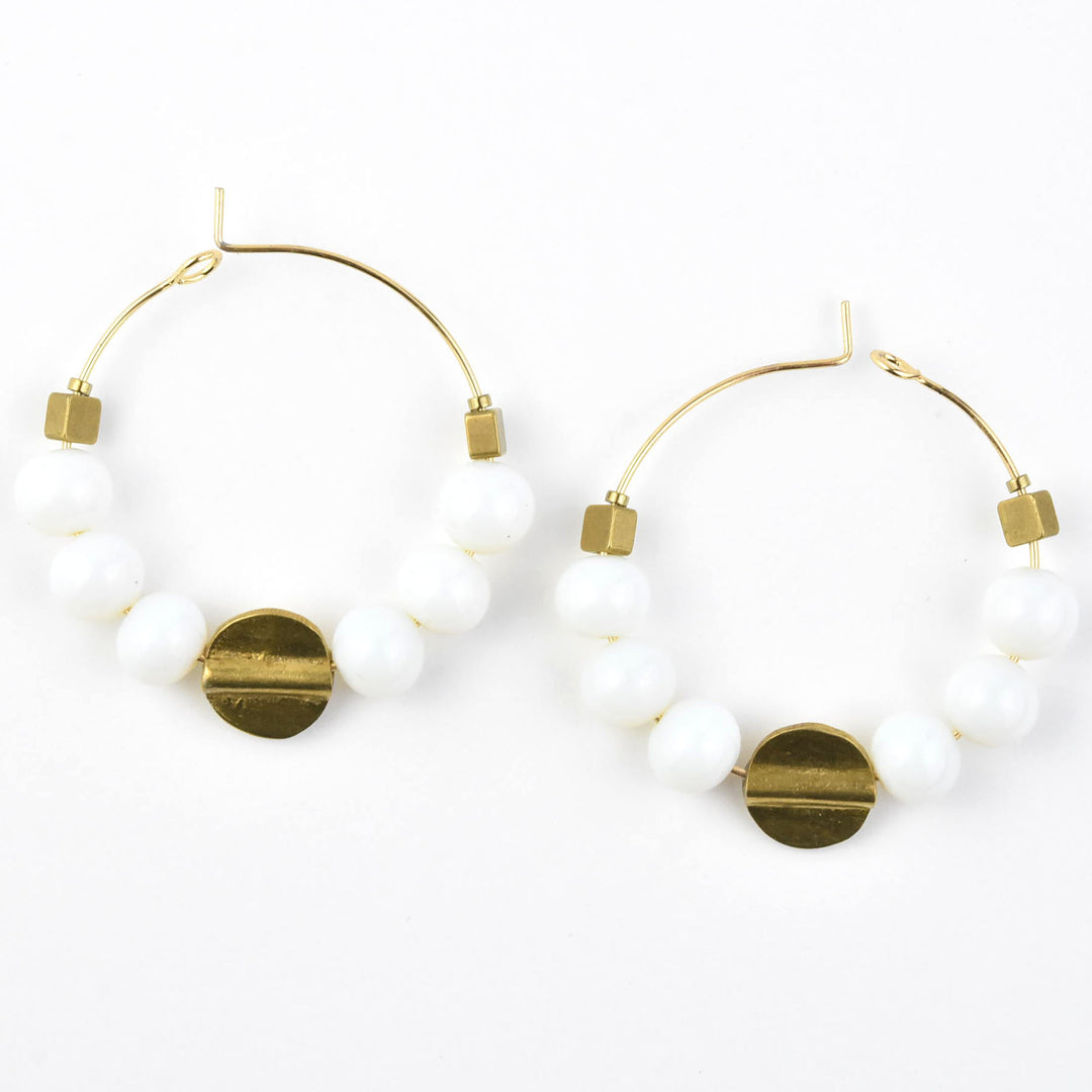 White Opal Glass Bead Hoops - Goldmakers Fine Jewelry